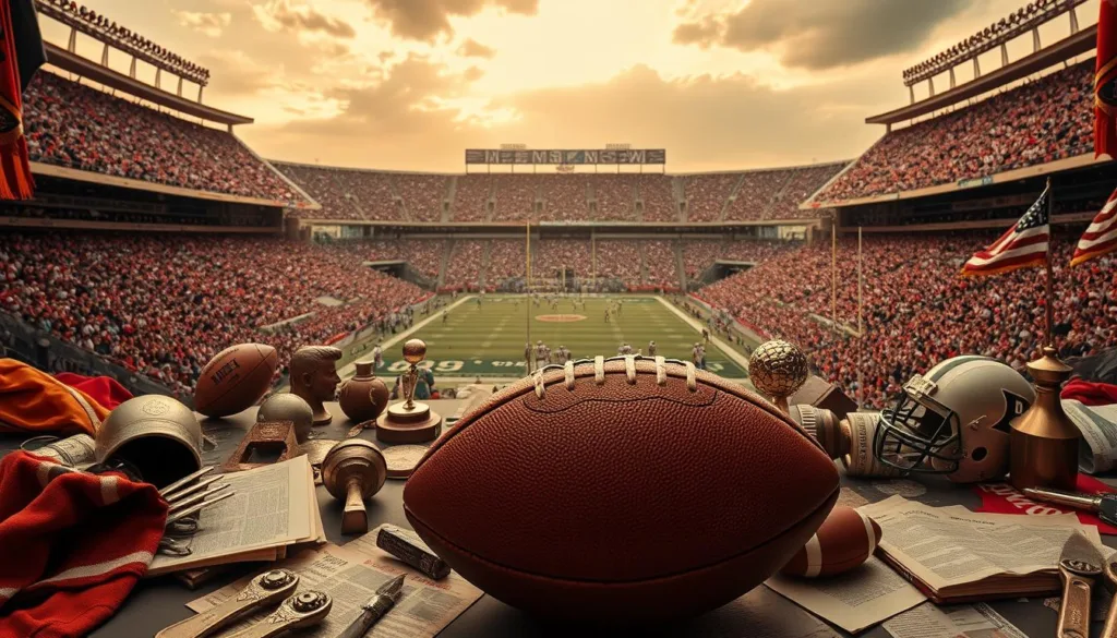 A sweeping panoramic view of American football history, captured in rich, vibrant detail. In the foreground, a classic leather football sits amidst a scattered array of vintage memorabilia - worn jerseys, tarnished trophies, and faded newspaper clippings. The middle ground features a grand stadium, its towering stands filled with cheering fans, the gridiron below alive with the clash of modern players. In the background, a montage of iconic moments unfolds - a spiraling touchdown pass, a defensive lineman bursting through the line, the Lombardi Trophy held high in triumph. Warm, golden lighting bathes the scene, evoking the timeless allure of this beloved sport and its enduring legacy. An atmospheric, immersive tableau that captures the rich history and cultural impact of football in America.