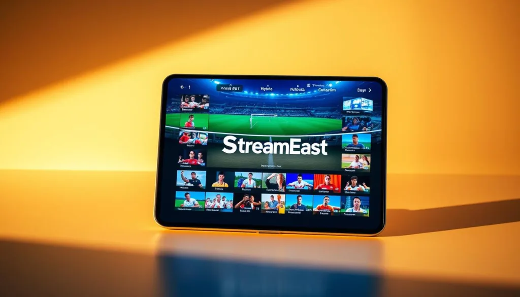 A vibrant and visually captivating sports streaming platform displayed on a modern, sleek device. The screen showcases a wide range of live sporting events, with a clean, user-friendly interface that seamlessly integrates the StreamEast logo and branding. The scene is bathed in warm, natural lighting, conveying a sense of energy and excitement. The device is situated on a minimalist, high-contrast surface, allowing the content to take center stage. The overall composition and attention to detail create a compelling and immersive visual representation of the StreamEast live sports streaming experience.