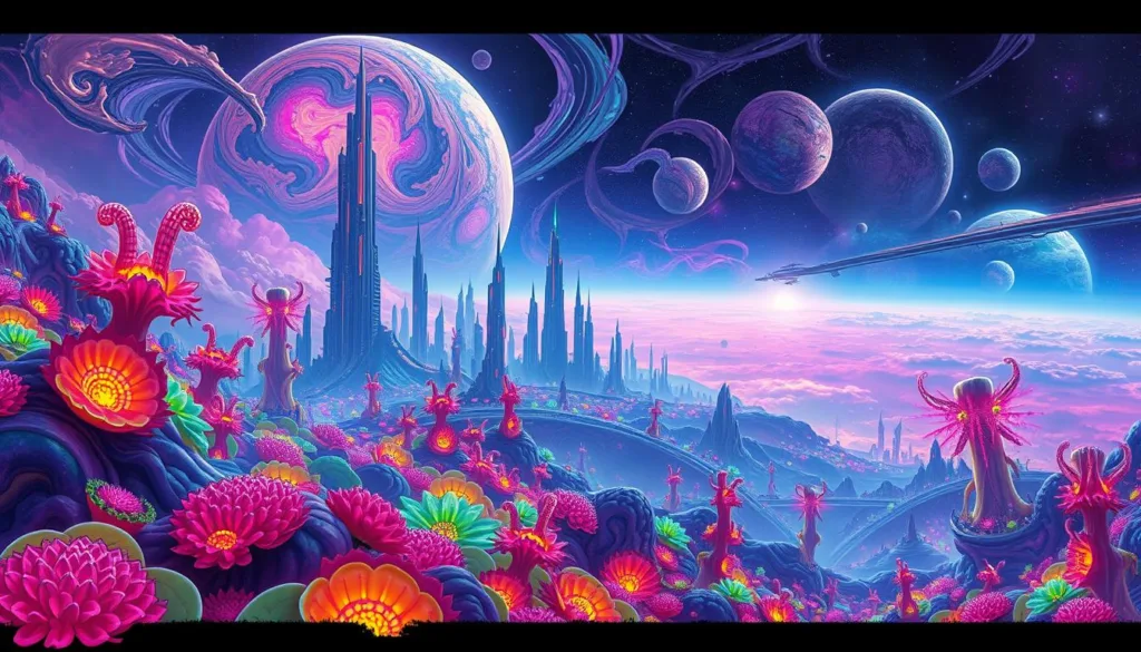 A vibrant, otherworldly planet teeming with neon-hued flora and bizarre, organic structures. In the foreground, a surreal, undulating landscape of pulsing, bioluminescent forms. The middle ground features a towering, alien city skyline, its buildings and structures twisting and morphing in an array of electric, jewel-toned colors. The background is a vast, cosmic expanse, filled with swirling, nebulous clouds and distant, celestial bodies. The overall atmosphere is one of vivid, psychedelic wonder, as if this planet were a gateway to an entirely new, hedonistic dimension.