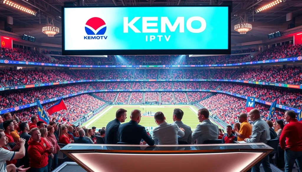 A vibrant sports arena bustling with excitement, the KEMO IPTV logo proudly displayed on the giant video screens. Fans clad in team colors cheer passionately, their faces illuminated by the bright, dynamic lighting. In the foreground, a group of sports analysts huddle around a sleek, futuristic desk, their expressions intense as they discuss the latest game highlights. The background is a panoramic view of the stadium, with towering stands and the iconic field below. The atmosphere is one of energy, anticipation, and the thrill of live sports coverage brought to life through the cutting-edge technology of KEMO IPTV.
