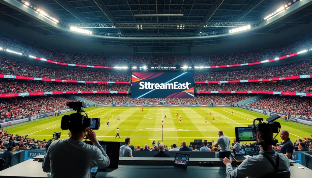A vibrant sports arena, illuminated by brilliant stadium lights, showcases the seamless StreamEast live sports coverage. In the foreground, athletes compete passionately, their dynamic movements captured in crisp detail by high-resolution cameras. The middle ground features a sleek, modern control room, where technicians precisely orchestrate the broadcast, ensuring a immersive viewing experience. In the background, a large, state-of-the-art display screens the StreamEast logo, projecting a sense of technological prowess and cutting-edge innovation. The overall scene exudes an atmosphere of excitement, energy, and the thrill of live sports, perfectly encapsulating the capabilities of the StreamEast platform.