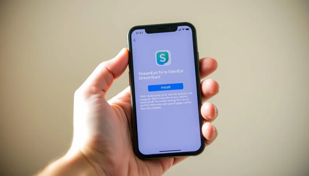 A well-lit, high-resolution image of a smartphone screen displaying the StreamEast app installation interface. The screen shows a clean, modern design with a prominent "Install" button and informative app details. The phone is held in a natural, hand-held position against a blurred, slightly out-of-focus background that suggests a relaxed, casual setting. The lighting is soft and natural, creating a warm, inviting atmosphere. The image conveys a sense of ease and accessibility, reflecting the user-friendly nature of the StreamEast app.