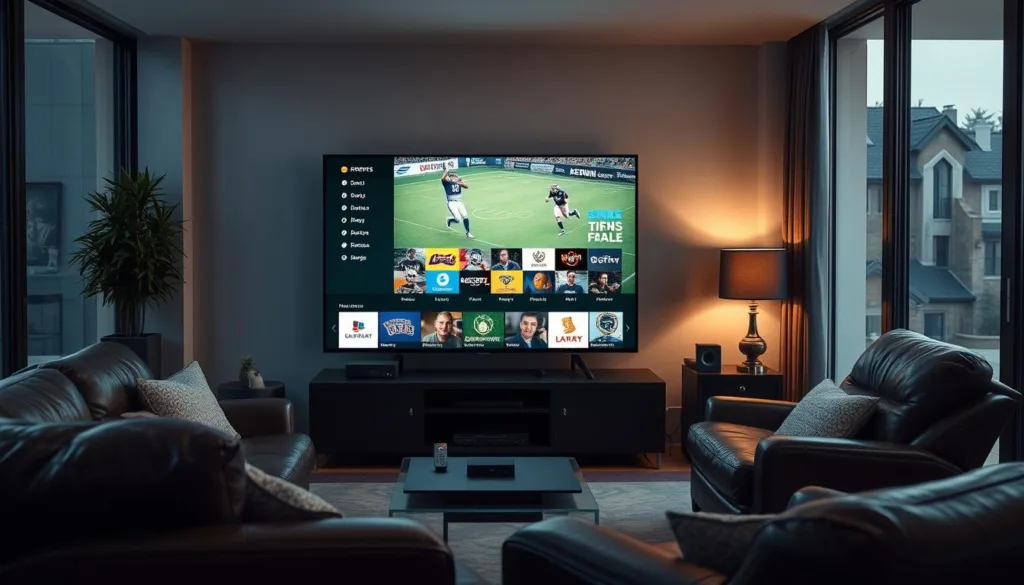 Cozy living room with a large flat-screen TV prominently displaying a diverse sports lineup, surrounded by an array of streaming devices and remote controls. Plush leather sofa and armchair set the stage for a relaxed, immersive home entertainment experience. Subtle lighting casts a warm glow, complementing the sleek, modern décor. Framed by large windows, the scene suggests a sense of comfort and convenience, hinting at the revolutionary impact of affordable IPTV services on everyday home life.