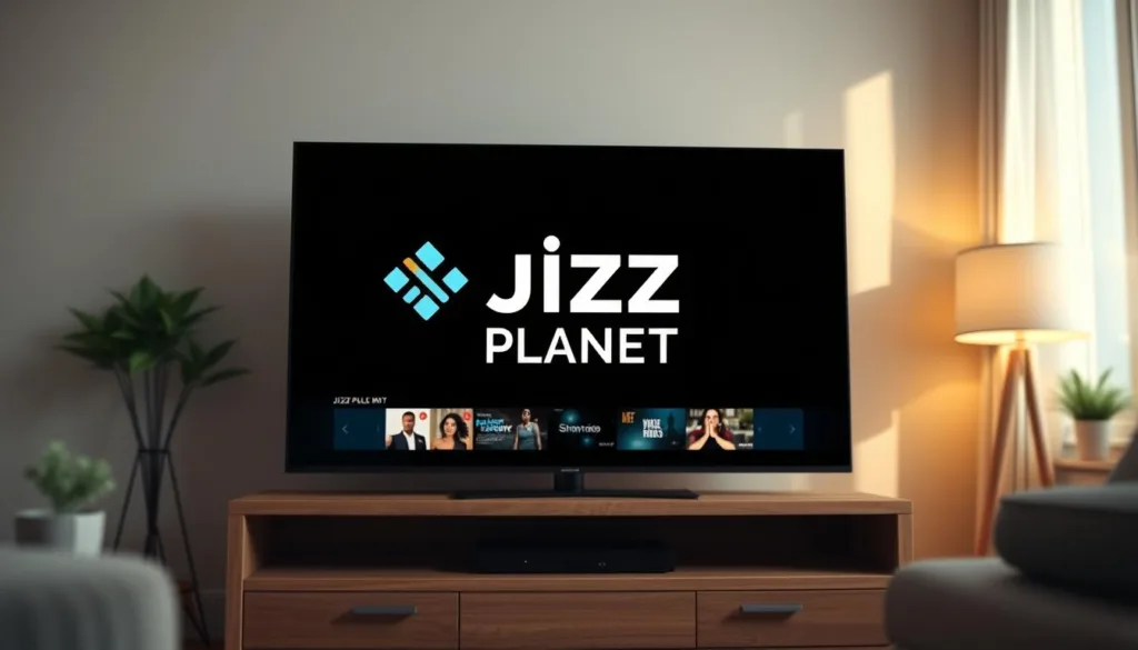 Detailed high-definition 3D render of a modern television set displaying the logo for "Jizz Planet", an adult-themed Kodi addon. The TV is placed on a clean, minimalist wooden entertainment center in a cozy, well-lit living room setting. Soft, warm lighting illuminates the scene, creating a comfortable and inviting atmosphere. The TV screen is crisp and vibrant, showcasing the Jizz Planet addon's interface and branding prominently. Subtle camera depth of field blur softens the background, keeping the focus on the central television display.