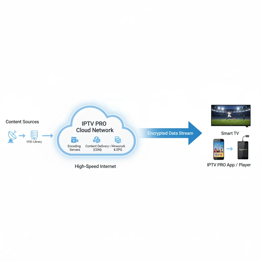 Diagram showing how IPTV PRO delivers content from sources to user devices over the internet.