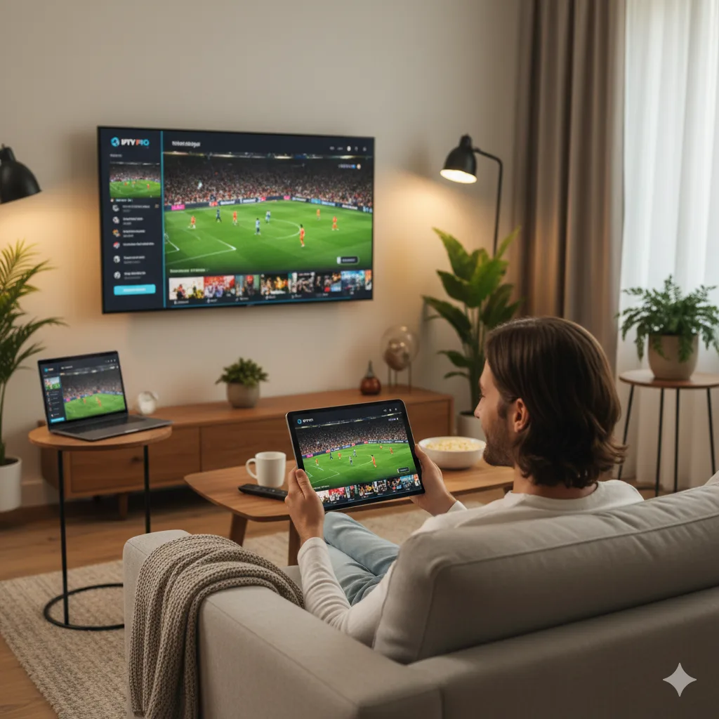 A modern living room with a large TV displaying multiple channels from an IPTV PRO service, including sports, movies, news, and kids' content.