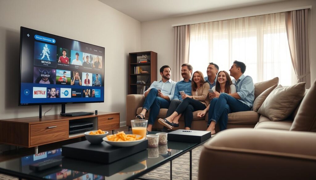 A cozy living room setting showcasing a budget-friendly IPTV setup. In the foreground, a modern flat-screen TV displays colorful streaming icons and genres, like movies and sports. A stylish coffee table is adorned with snacks and remote controls, inviting relaxation. In the middle, a comfortable couch features a family watching TV together, dressed in casual, professional attire, emphasizing a friendly atmosphere. The background reveals a window with soft, natural light filtering in, creating a warm and inviting mood. The scene should be well-lit, capturing the essence of home entertainment. The camera angle is slightly tilted down, focusing on the interactions between the family members, evoking a sense of togetherness and enjoyment.