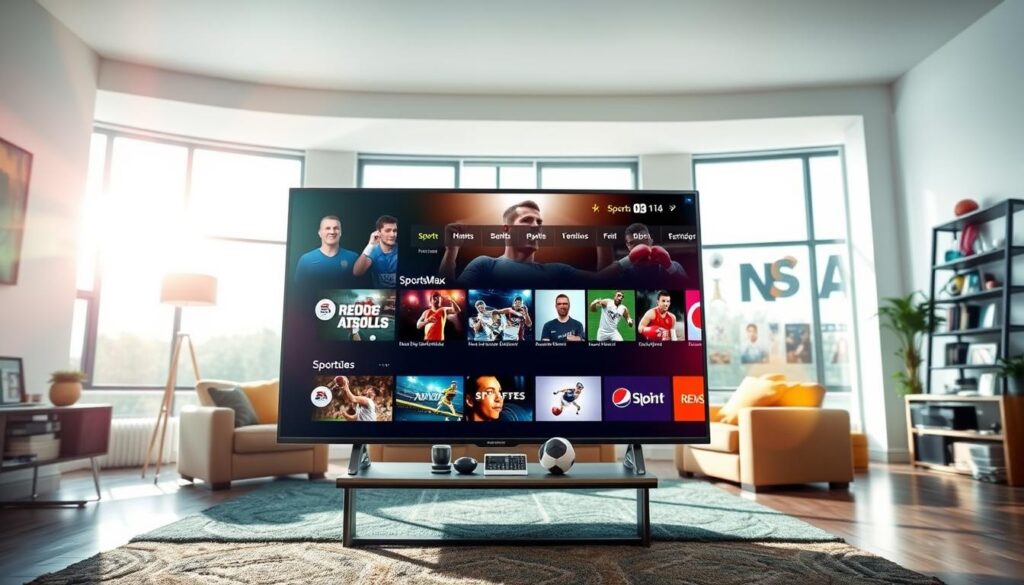 A dynamic and vibrant representation of the "SportsMax IPTV service." In the foreground, a modern smart TV displaying the SportsMax interface, showcasing various sports content, with vivid colors and high-resolution images of live sports events like football, basketball, and boxing. In the middle ground, an engaging living room setup with comfortable seating and sports memorabilia, emphasizing a casual yet energetic vibe. The background features a large window with natural sunlight streaming in, creating a bright and inviting atmosphere. Use a wide-angle lens effect to enhance depth and perspective. The lighting should be warm and inviting, reflecting the excitement of sports viewing, designed to capture the essence of sports-focused IPTV services.