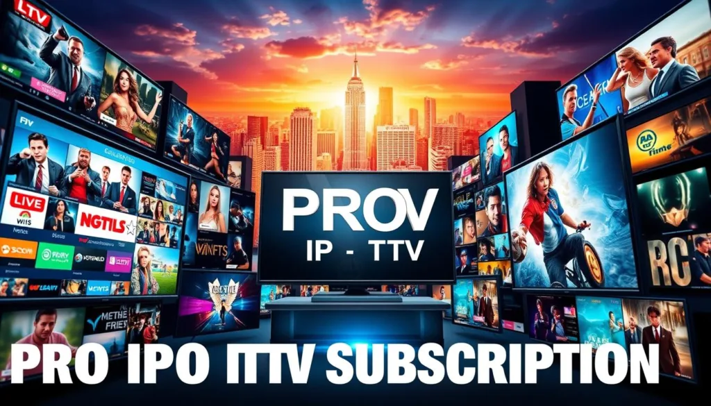 A dynamic collage of diverse entertainment content available through a "PRO IPTV SUBSCRIPTION". In the foreground, vivid displays showcase a range of live TV channels, on-demand movies, sports events, and TV shows. In the middle ground, a sleek, high-tech interface hints at the seamless user experience. The background features a vibrant, futuristic cityscape, symbolizing the boundless possibilities of modern streaming technology. Dramatic lighting and a cinematic lens capture the excitement and allure of this comprehensive content ecosystem.