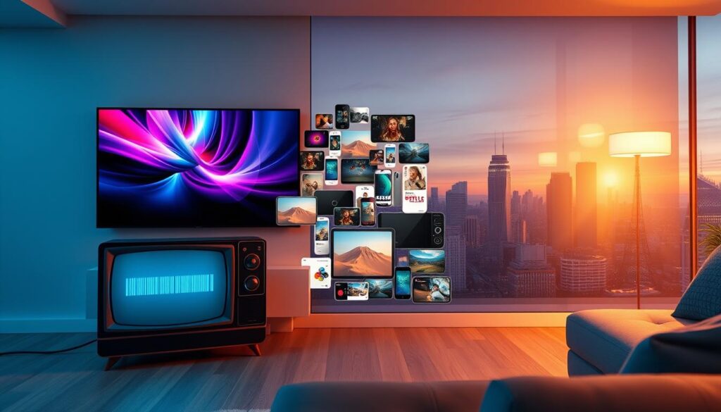 A dynamic visual representation of the evolution of television from cable to IPTV. In the foreground, a sleek modern living room with a large flat-screen TV displaying vibrant streaming content. Next to it, a vintage TV set symbolizes the past, showing static. In the middle, a collage of diverse streaming devices, including tablets, smart TVs, and smartphones, showcases the technology's progress. The background features a futuristic city skyline bathed in soft twilight, symbolizing innovation and connectivity. Warm, inviting lighting adds a cozy atmosphere. Capture the scene from a slight upward angle to emphasize the contrast between old and new television technology. The mood is optimistic and forward-looking, illustrating the transformation in how we consume entertainment.