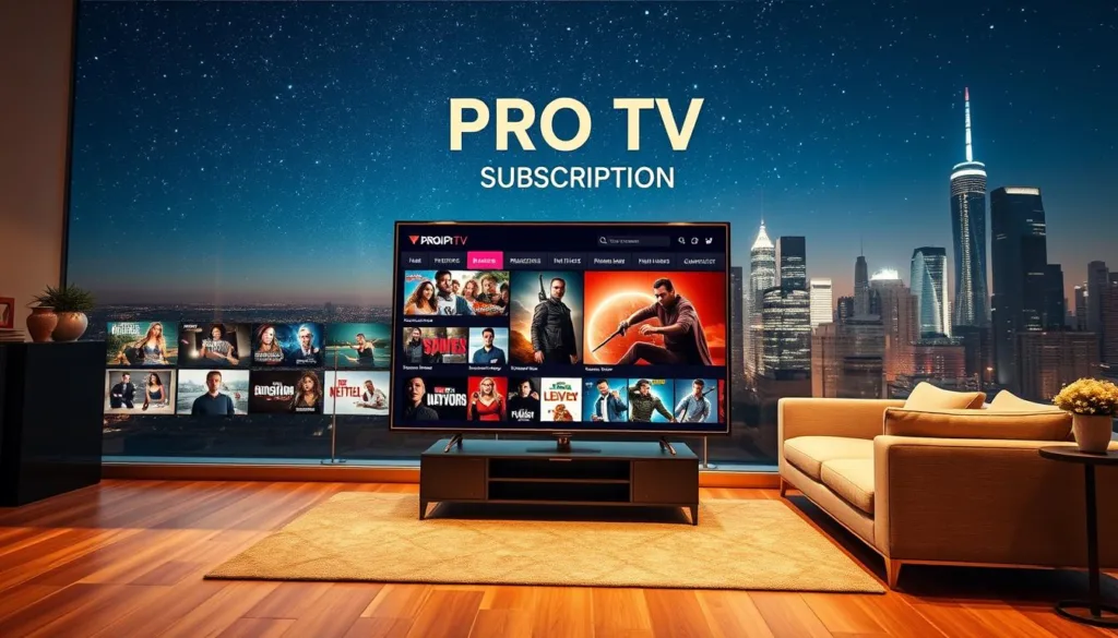 A high-definition, vibrant image showcasing the benefits of a "PRO IPTV SUBSCRIPTION". In the foreground, a sleek, modern television displays a diverse array of entertainment options, from live sports to the latest blockbuster movies. The middle ground features a serene living room setting, with comfortable furniture and mood lighting, conveying a sense of relaxation and immersion. In the background, a cityscape with towering skyscrapers and a starry night sky, symbolizing the global reach and 24/7 accessibility of the "PRO IPTV SUBSCRIPTION" service. The image is captured with a wide-angle lens, emphasizing the seamless integration of technology and lifestyle, and lit with a warm, inviting glow to evoke a feeling of premium quality and uninterrupted entertainment.