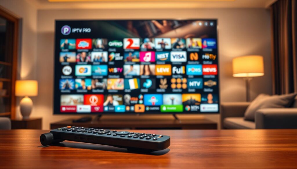 A modern digital workspace featuring a large, sleek television screen displaying a vibrant and extensive selection of IPTV channels. In the foreground, a stylish remote control rests on a polished wooden table, hinting at user engagement. The midground showcases the high-definition screen, filled with colorful channel thumbnails, including sports, movies, news, and entertainment options, highlighted with vivid colors and clear graphics. In the background, a cozy living room with comfortable seating and soft ambient lighting creates a warm and inviting atmosphere. The scene is illuminated by soft, warm light, giving a sense of comfort and ease. The overall mood is one of excitement and anticipation for endless entertainment options, capturing the essence of Premium IPTV Pro. A modern digital workspace featuring a large, sleek television screen displaying a vibrant and extensive selection of IPTV channels. In the foreground, a stylish remote control rests on a polished wooden table, hinting at user engagement. The midground showcases the high-definition screen, filled with colorful channel thumbnails, including sports, movies, news, and entertainment options, highlighted with vivid colors and clear graphics. In the background, a cozy living room with comfortable seating and soft ambient lighting creates a warm and inviting atmosphere. The scene is illuminated by soft, warm light, giving a sense of comfort and ease. The overall mood is one of excitement and anticipation for endless entertainment options, capturing the essence of Premium IPTV Pro.