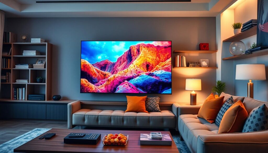 A modern living room featuring a sleek, high-resolution 4K television displaying vibrant IPTV streaming content, showcasing vivid colors and detailed imagery. In the foreground, a stylish coffee table with remote controls and snacks provides a welcoming touch. The middle layer includes a comfortable sofa adorned with colorful cushions, inviting viewers to relax. Subtle ambient lighting highlights the scene, with soft, warm glow from table lamps creating a cozy atmosphere. In the background, shelves filled with books and decorative items add depth without distraction. The overall mood is relaxed and contemporary, conveying the appeal of cutting-edge IPTV technology in an inviting home setting, emphasizing the importance of 4K resolution for an immersive viewing experience. A modern living room featuring a sleek, high-resolution 4K television displaying vibrant IPTV streaming content, showcasing vivid colors and detailed imagery. In the foreground, a stylish coffee table with remote controls and snacks provides a welcoming touch. The middle layer includes a comfortable sofa adorned with colorful cushions, inviting viewers to relax. Subtle ambient lighting highlights the scene, with soft, warm glow from table lamps creating a cozy atmosphere. In the background, shelves filled with books and decorative items add depth without distraction. The overall mood is relaxed and contemporary, conveying the appeal of cutting-edge IPTV technology in an inviting home setting, emphasizing the importance of 4K resolution for an immersive viewing experience.