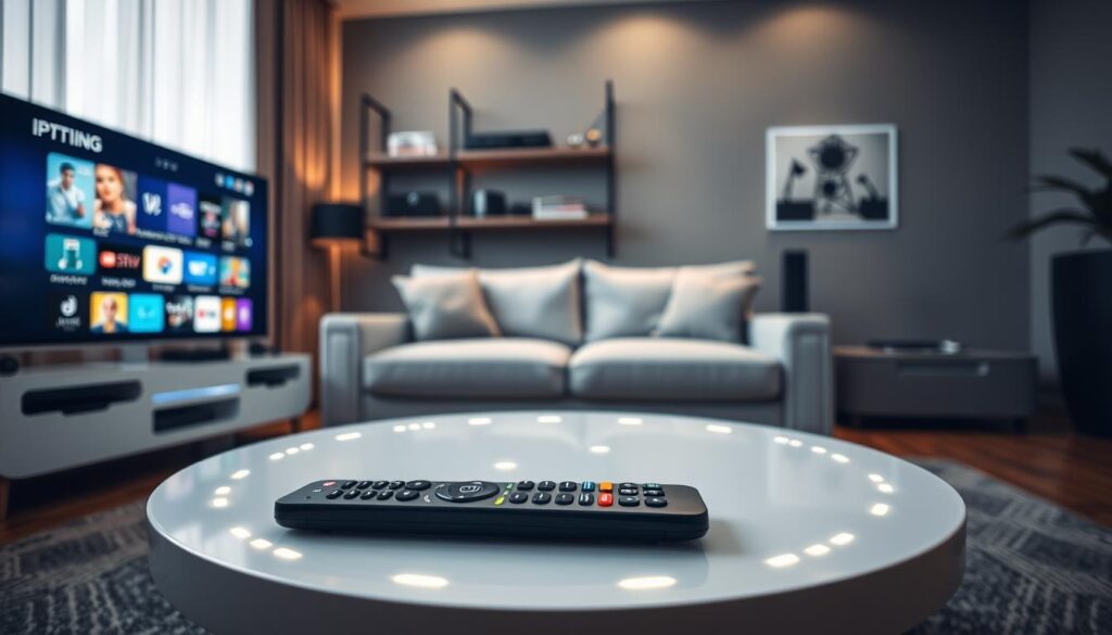 A modern living room scene focused on IPTV technology. In the foreground, a sleek smart TV displays colorful streaming app interfaces, highlighting various entertainment options. A stylish remote control lies on a contemporary coffee table, surrounded by subtle glowing LED lights for an inviting atmosphere. In the middle, a comfortable sofa with plush cushions sits, indicating a cozy viewing area. The background features a minimalist shelf with tech gadgets and decor, enhancing the modern vibe. Soft, warm lighting illuminates the room, creating a relaxed mood. The camera angle is slightly tilted to capture the depth of the room, emphasizing the seamless integration of technology into everyday life. The overall feel is futuristic yet accessible, showcasing the convenience of IPTV streaming.