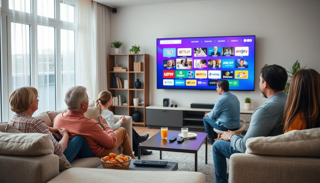 A modern living room scene showcasing a diverse group of people enjoying various IPTV services. In the foreground, a middle-aged couple sits on a comfortable sofa, engrossed in a vibrant TV screen displaying a selection of international channels, with family-friendly content visible. In the middle, a coffee table holds remote controls and snacks, conveying a relaxed atmosphere. The background features a stylish shelf with books and plants, enhancing the cozy vibe. Soft, natural light filters through large windows, creating an inviting ambiance. The image should encapsulate the global nature of IPTV services, highlighting connections between the USA, Canada, and Mexico, while maintaining a professional and family-friendly tone.