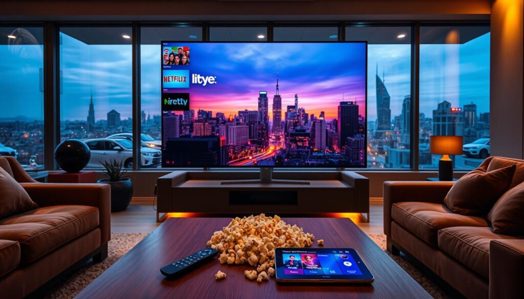 A modern living room setting showcasing a large, sleek flat-screen TV displaying diverse live IPTV channels. In the foreground, a stylish coffee table is adorned with a remote control, popcorn, and a tablet with streaming options visible. The middle scene features comfortable furniture, like a plush sofa surrounded by warm accent lighting, creating an inviting atmosphere. In the background, large windows reveal a bustling cityscape bathed in the soft glow of sunset, contributing to a cozy yet vibrant mood. The image captures the essence of entertainment and connectivity for viewers, emphasizing the importance of diverse streaming choices available in today's digital age. A modern living room setting showcasing a large, sleek flat-screen TV displaying diverse live IPTV channels. In the foreground, a stylish coffee table is adorned with a remote control, popcorn, and a tablet with streaming options visible. The middle scene features comfortable furniture, like a plush sofa surrounded by warm accent lighting, creating an inviting atmosphere. In the background, large windows reveal a bustling cityscape bathed in the soft glow of sunset, contributing to a cozy yet vibrant mood. The image captures the essence of entertainment and connectivity for viewers, emphasizing the importance of diverse streaming choices available in today's digital age.