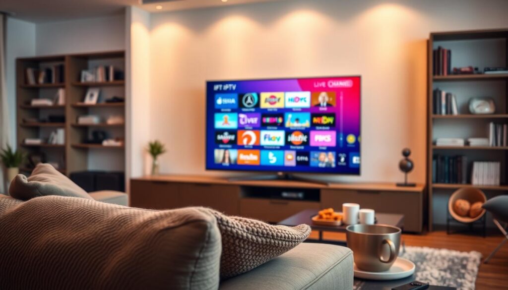A modern living room setting with a sleek, large flat-screen TV prominently displaying various live IPTV channel icons as colorful thumbnails. In the foreground, a comfortable sofa with a cozy blanket invites viewers in. Subtle ambient lighting creates a warm and inviting atmosphere, highlighting the details of the room. A well-organized coffee table with snacks and a remote control sits nearby, suggesting a relaxing viewing experience. In the background, soft-focus shelves lined with books and decorative items enhance the homely feel. The image is captured from a slightly angled perspective, giving depth to the scene while maintaining a clean, professional look. The overall mood is vibrant and engaging, perfect for showcasing IPTV features. A modern living room setting with a sleek, large flat-screen TV prominently displaying various live IPTV channel icons as colorful thumbnails. In the foreground, a comfortable sofa with a cozy blanket invites viewers in. Subtle ambient lighting creates a warm and inviting atmosphere, highlighting the details of the room. A well-organized coffee table with snacks and a remote control sits nearby, suggesting a relaxing viewing experience. In the background, soft-focus shelves lined with books and decorative items enhance the homely feel. The image is captured from a slightly angled perspective, giving depth to the scene while maintaining a clean, professional look. The overall mood is vibrant and engaging, perfect for showcasing IPTV features.