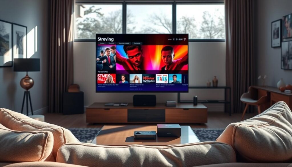 A modern living room setup featuring a large, sleek 4K television displaying vibrant streaming content, surrounded by stylish furniture. In the foreground, a comfortable couch adorned with plush cushions invites viewers to relax and enjoy their favorite shows. A coffee table is stylishly arranged with the latest streaming devices and a remote control. In the middle, natural light floods the room through large windows, casting soft shadows, while the television screen highlights vivid colors and crisp details of high-definition content. In the background, decorative elements emphasize a cozy atmosphere. The overall mood is inviting and contemporary, perfect for a modern entertainment experience.