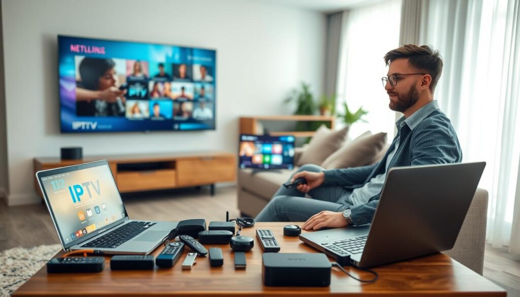 A modern living room with a sleek sofa and a large flat-screen TV, showcasing a vibrant image of streaming content. In the foreground, a person in casual, professional attire is sitting on the couch, holding a remote, with a focused expression as they explore IPTV options. The middle layer features a coffee table cluttered with various streaming device remotes and a laptop displaying a bright IPTV interface, hinting at internet dependency. The background shows a window with soft natural light illuminating the room, creating a warm and inviting atmosphere. The overall mood conveys both excitement and a sense of being overwhelmed by choices, symbolizing the potential limitations of IPTV services in a digital age.