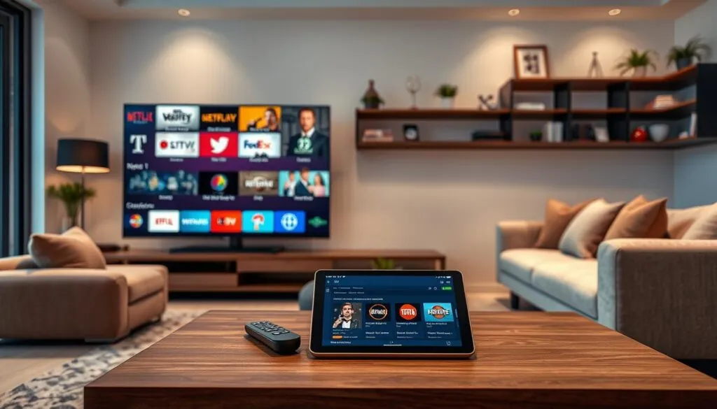 A modern, sleek living room setting as the foreground, featuring a large, high-definition television displaying colorful, varied streaming channel icons. In the middle, there is a stylish coffee table with a remote control and a tablet showing popular IPTV subscription options or reviews. The background includes a cozy sofa and decorative shelves with books and plants, suggesting a warm, inviting atmosphere. Soft, ambient lighting suggests an evening setting, creating a relaxed and engaging mood. The angle captures the room from slightly above, offering a comprehensive view of the entertainment space, emphasizing the appeal of streaming services in a home environment. The image should be professional and inviting, without any people or text. A modern, sleek living room setting as the foreground, featuring a large, high-definition television displaying colorful, varied streaming channel icons. In the middle, there is a stylish coffee table with a remote control and a tablet showing popular IPTV subscription options or reviews. The background includes a cozy sofa and decorative shelves with books and plants, suggesting a warm, inviting atmosphere. Soft, ambient lighting suggests an evening setting, creating a relaxed and engaging mood. The angle captures the room from slightly above, offering a comprehensive view of the entertainment space, emphasizing the appeal of streaming services in a home environment. The image should be professional and inviting, without any people or text.