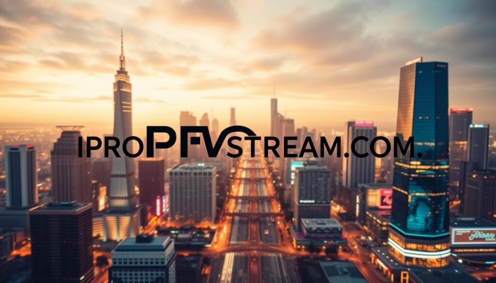 A modern, sleek logo for the premium IPTV service "PROIPTVSTREAM.COM" set against a backdrop of a dynamic cityscape. The logo takes center stage, rendered in a bold, stylized font with a subtle 3D effect, emanating a sense of high-quality streaming technology. In the background, a vibrant city skyline stretches out, with towering skyscrapers and neon-lit streets, conveying the global reach and connectivity of the IPTV platform. The overall scene is bathed in a warm, cinematic lighting, creating a sense of sophistication and professionalism. The composition is balanced, with the logo occupying a prominent position while the cityscape provides an immersive and visually compelling context.