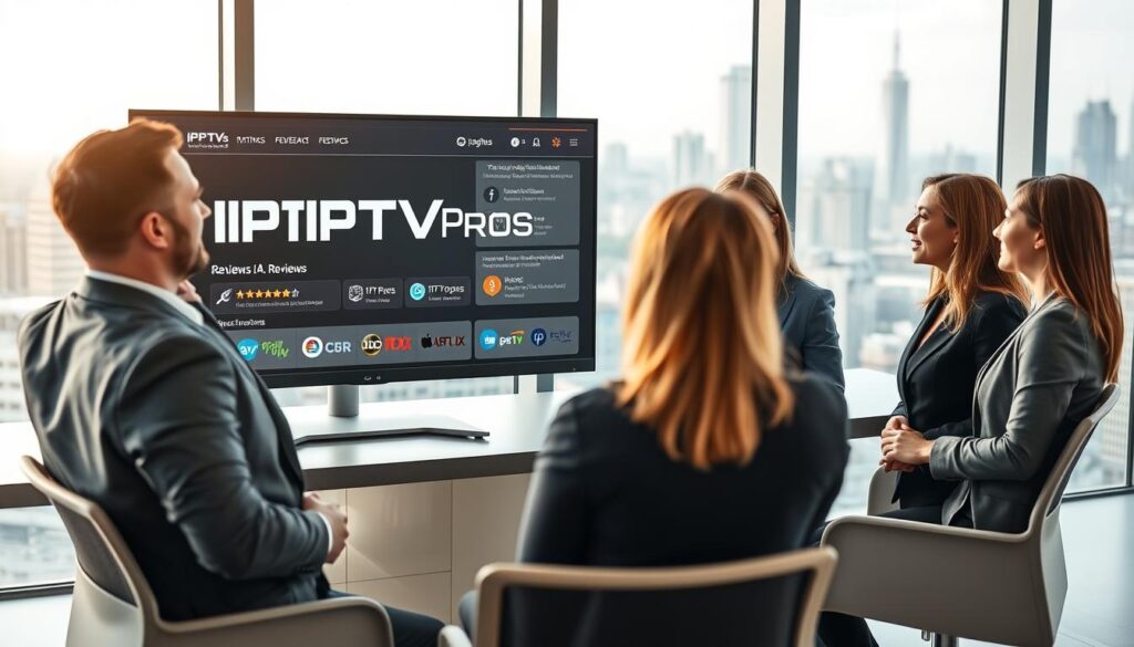 A professional workspace featuring a sleek modern desk with a high-resolution monitor displaying the IPTVpros logo and a review interface filled with ratings and feedback. In the foreground, a diverse group of three business professionals, one male and two females, are engaged in a discussion, all dressed in professional business attire. They should appear enthusiastic and engaged. The middle of the scene includes informative elements like IPTV service logos and comparison charts, with soft, warm lighting to create an inviting atmosphere. In the background, a large window reveals a city skyline. The image should have a shallow depth of field to focus on the professionals and the monitor while softly blurring the background, adding a sense of depth and professionalism to the scene.