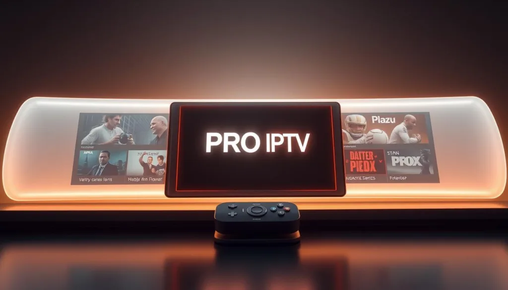 A sleek, futuristic control panel displaying the "PRO IPTV" brand logo, surrounded by a clean, minimalist interface showcasing various streaming options. The panel is bathed in a soft, warm lighting that creates a sense of sophistication and technological advancement. The background is a subtle gradient, providing depth and a modern aesthetic. The overall composition conveys the seamless, cutting-edge experience of a PRO IPTV subscription service.