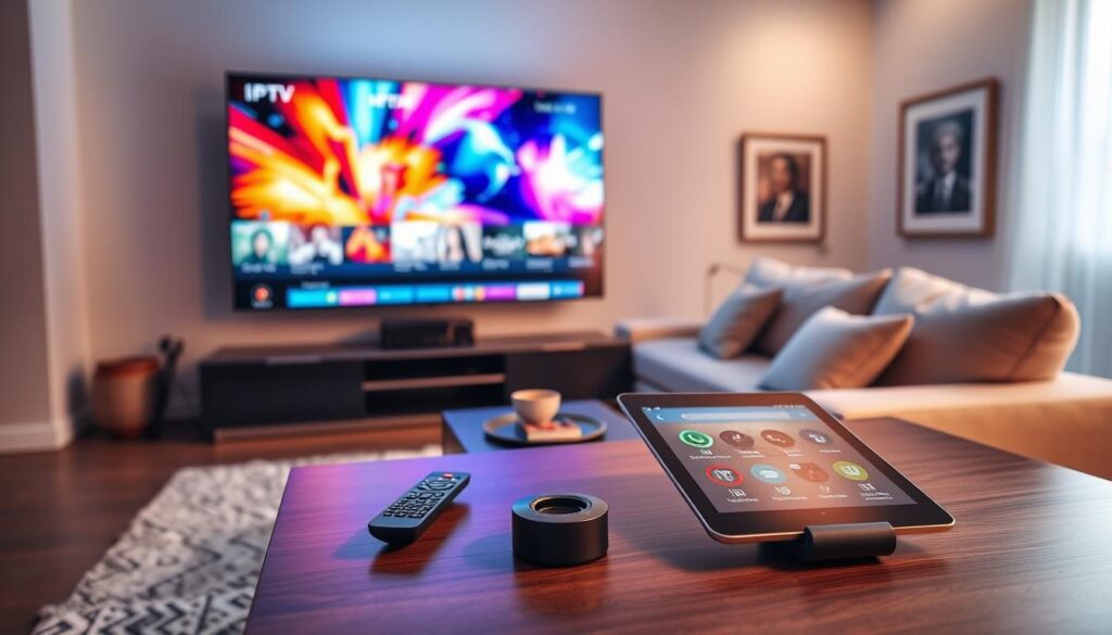 A sleek, modern living room featuring a high-end television displaying vibrant 4K resolution IPTV content, showcasing a stream of colorful, dynamic images. In the foreground, a stylish coffee table holds a remote control and a tablet with IPTV apps open. The middle ground features a cozy sofa with plush cushions, set against a backdrop of large windows letting in soft, natural light. In the background, gently framed art on the walls adds a touch of sophistication. The lighting is warm and inviting, creating an atmosphere of comfort and modernity. A wide-angle lens captures the entire scene from an inviting angle, highlighting both the technology and the cozy environment. The overall mood is engaging and tech-savvy, perfect for illustrating IPTV testing. A sleek, modern living room featuring a high-end television displaying vibrant 4K resolution IPTV content, showcasing a stream of colorful, dynamic images. In the foreground, a stylish coffee table holds a remote control and a tablet with IPTV apps open. The middle ground features a cozy sofa with plush cushions, set against a backdrop of large windows letting in soft, natural light. In the background, gently framed art on the walls adds a touch of sophistication. The lighting is warm and inviting, creating an atmosphere of comfort and modernity. A wide-angle lens captures the entire scene from an inviting angle, highlighting both the technology and the cozy environment. The overall mood is engaging and tech-savvy, perfect for illustrating IPTV testing.