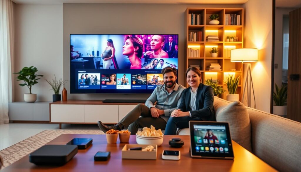 A sleek, modern living room with a large flat-screen TV displaying vibrant IPTV streaming content. In the foreground, a young professional couple, dressed in smart casual attire, sits comfortably on a stylish sofa, their faces illuminated by the screen’s glow. In the middle ground, a coffee table displays remote controls, snacks, and a tablet showing a streaming service app. The background features a contemporary bookshelf filled with books and plants, bathed in warm, ambient lighting that creates a cozy atmosphere. The overall mood is engaging and inviting, showcasing the convenience and enjoyment of IPTV technology in everyday life. Use soft focus on the background to emphasize the couple and the TV in the foreground.