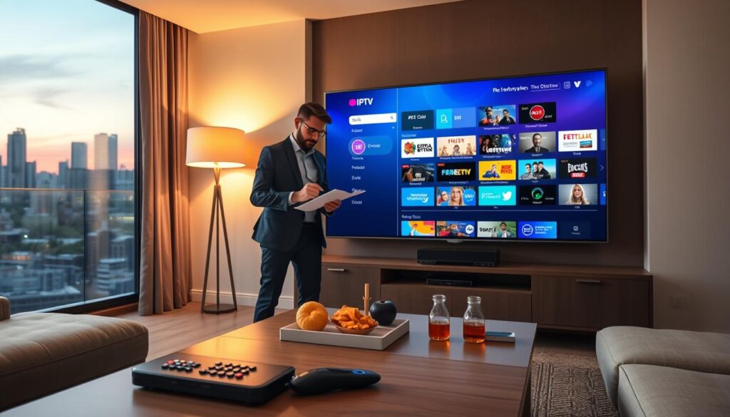 A sleek modern living room with a large, ultra-high-definition television displaying a vibrant 4K IPTV interface. In the foreground, a remote control rests on a stylish coffee table, surrounded by snacks and drinks. In the middle, a professional individual in smart casual attire examines the TV screen, holding a notepad and pen, analyzing IPTV features. Soft ambient lighting creates a cozy atmosphere, with warm hues emanating from a lamp in the corner. The background features a window with a view of a city skyline at dusk, creating a contrast between the indoor comfort and the bustling world outside. The overall mood is focused and inviting, emphasizing the importance of testing IPTV services before making a commitment. A sleek modern living room with a large, ultra-high-definition television displaying a vibrant 4K IPTV interface. In the foreground, a remote control rests on a stylish coffee table, surrounded by snacks and drinks. In the middle, a professional individual in smart casual attire examines the TV screen, holding a notepad and pen, analyzing IPTV features. Soft ambient lighting creates a cozy atmosphere, with warm hues emanating from a lamp in the corner. The background features a window with a view of a city skyline at dusk, creating a contrast between the indoor comfort and the bustling world outside. The overall mood is focused and inviting, emphasizing the importance of testing IPTV services before making a commitment.