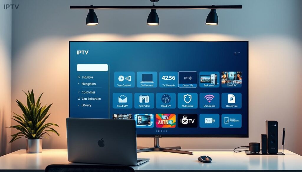 A sleek, modern office setting with a large monitor displaying an array of IPTV subscription features. The screen showcases intuitive navigation, a vast content library, live TV channels, on-demand movies, cloud DVR, and multi-device compatibility. Subtle lighting from overhead fixtures casts a warm glow, creating a professional and inviting atmosphere. The desk features a stylish laptop, a wireless mouse, and a minimalist desk organizer, exuding a sense of productivity and technological sophistication. The background features clean, white walls, complementing the modern aesthetic and emphasizing the focus on the IPTV subscription features.