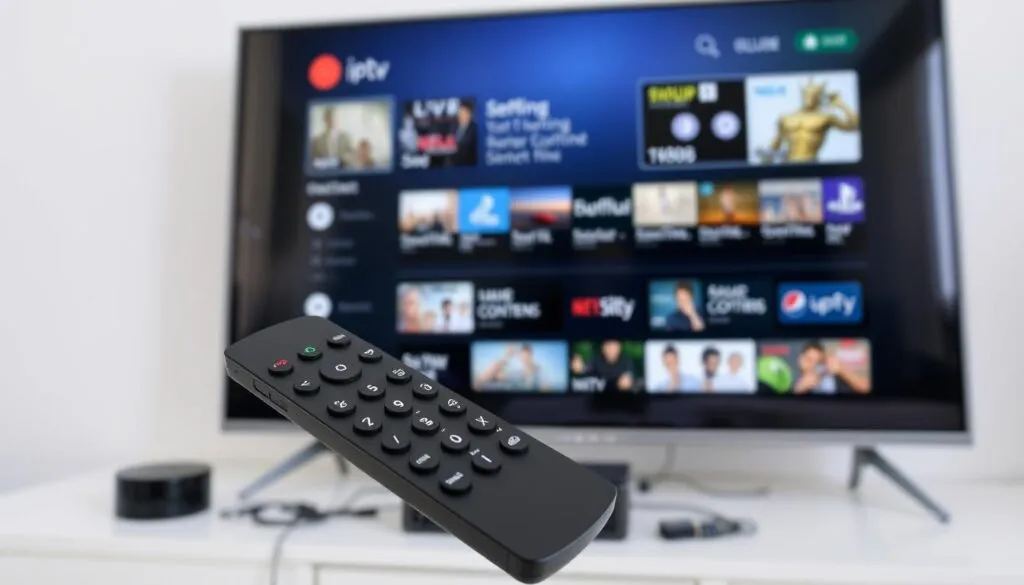 A sleek, modern television set displaying a dynamic IPTV user interface, showcasing a variety of streaming content options. In the foreground, a remote control with intuitive, touch-sensitive controls hovers, emphasizing the seamless interaction between the user and the IPTV technology. The middle ground features an array of technological components, such as a streaming box and cables, all neatly arranged to convey the sophisticated infrastructure behind IPTV. The background is a softly blurred, minimalist setting, allowing the IPTV technology to be the focal point. The overall scene exudes a sense of innovation, convenience, and the evolution of television viewing experiences.