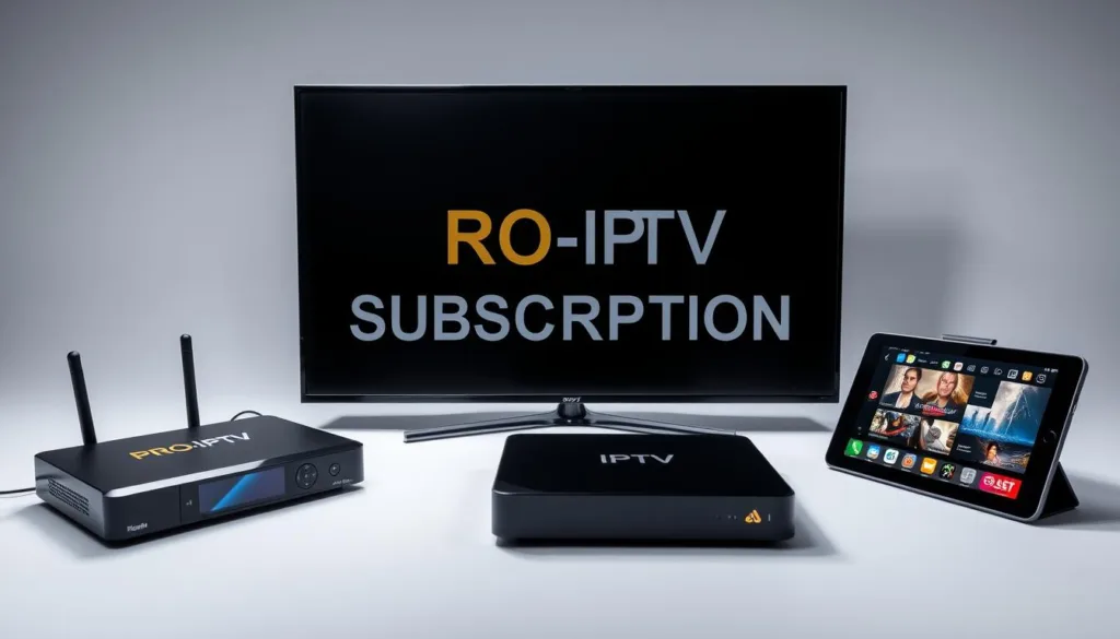 A well-lit studio setting showcasing an arrangement of various "PRO IPTV SUBSCRIPTION" compatible devices, such as a smart TV, set-top box, smartphone, and tablet. The devices are displayed against a clean, minimalist background, allowing the focus to be on their sleek, modern designs. The lighting is balanced, creating a professional and high-quality appearance. The devices are positioned in a visually appealing manner, suggesting the seamless connectivity and integration of a "PRO IPTV SUBSCRIPTION" service. The overall atmosphere conveys a sense of technological sophistication and the convenience of accessing a wide range of streaming content on multiple devices.