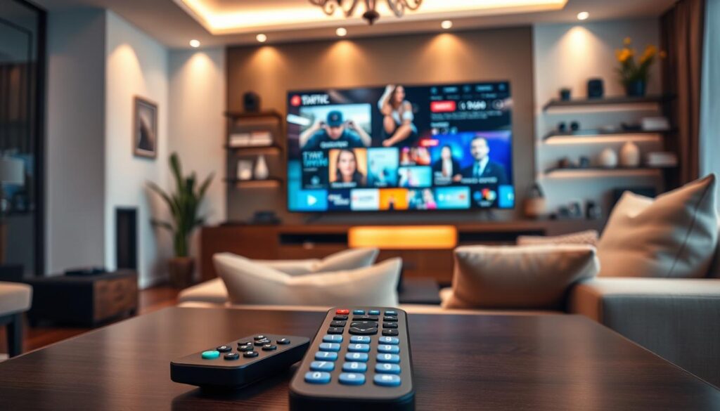 An elegant living room setting features a large, modern flat-screen TV displaying vibrant streaming content, symbolizing Premium IPTV Pro services. In the foreground, a stylish coffee table holds a sleek remote control with colorful buttons representing various streaming options. The middle ground showcases a comfortable sofa adorned with plush cushions, inviting viewers to sit back and enjoy endless entertainment. In the background, soft ambient lighting creates a warm and welcoming atmosphere, while shelves filled with entertainment accessories and decor highlight a cozy yet sophisticated vibe. The perspective is slightly angled from above, offering a dynamic view of the scene, emphasizing comfort and the excitement of premium viewing experiences. The mood is inviting and upscale, capturing the essence of modern entertainment solutions. An elegant living room setting features a large, modern flat-screen TV displaying vibrant streaming content, symbolizing Premium IPTV Pro services. In the foreground, a stylish coffee table holds a sleek remote control with colorful buttons representing various streaming options. The middle ground showcases a comfortable sofa adorned with plush cushions, inviting viewers to sit back and enjoy endless entertainment. In the background, soft ambient lighting creates a warm and welcoming atmosphere, while shelves filled with entertainment accessories and decor highlight a cozy yet sophisticated vibe. The perspective is slightly angled from above, offering a dynamic view of the scene, emphasizing comfort and the excitement of premium viewing experiences. The mood is inviting and upscale, capturing the essence of modern entertainment solutions.