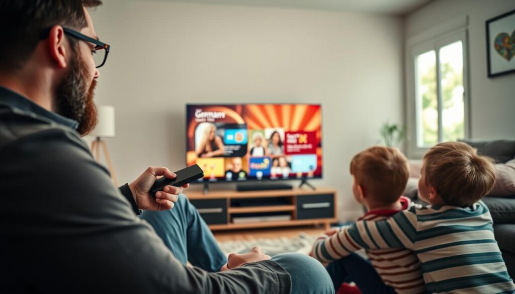 A cozy living room setting, inhabited by a family of four enjoying IPTV. In the foreground, a father with a beard and glasses in a smart-casual outfit is holding a remote control, while a mother in professional attire sits beside him, smiling. Two children, a girl and a boy, are on the floor, focused on the colorful screen displaying German TV channels. The middle ground features a modern television connected to an IPTV device, with streaming icons subtly visible. In the background, a window reveals a sunny day outside, adding warmth and a sense of home. Soft lighting enhances the friendly atmosphere, capturing a moment of connection and cultural engagement. A cozy living room setting, inhabited by a family of four enjoying IPTV. In the foreground, a father with a beard and glasses in a smart-casual outfit is holding a remote control, while a mother in professional attire sits beside him, smiling. Two children, a girl and a boy, are on the floor, focused on the colorful screen displaying German TV channels. The middle ground features a modern television connected to an IPTV device, with streaming icons subtly visible. In the background, a window reveals a sunny day outside, adding warmth and a sense of home. Soft lighting enhances the friendly atmosphere, capturing a moment of connection and cultural engagement.