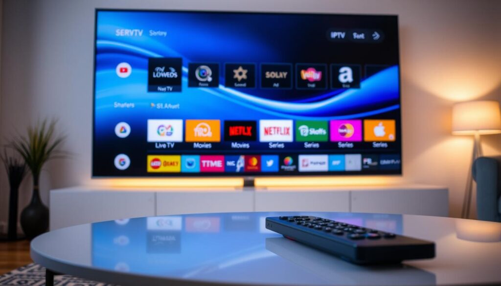 A detailed view of the IPTV Pro Smarters interface on a modern flat-screen TV, showcasing the sleek navigation system. In the foreground, a well-organized menu displays vibrant icons representing different streaming categories, such as Live TV, Movies, and Series. The middle ground features a user-friendly interface, highlighting a visually appealing background with smooth gradients of blue and black, exuding a high-tech atmosphere. Soft, ambient lighting illuminates the scene, enhancing the sleek design of the interface. A remote control rests on a stylish coffee table, adding to the contemporary living space ambiance. The image is captured from a slight angle, suggesting an immersive viewing experience that invites the user to interact with the interface seamlessly.