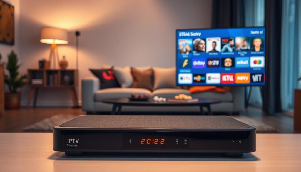 A modern IPTV player displayed prominently in the foreground, showcasing a sleek, minimalist design with a glossy black finish and illuminated buttons. The device features a vibrant screen displaying streaming content in high definition, capturing a variety of colorful icons representing popular streaming services. In the middle ground, a comfortable living room scene unfolds, featuring a cozy couch adorned with stylish cushions and a coffee table with snacks. The background presents a warm ambiance with soft lighting from floor lamps, creating a relaxed atmosphere. The scene is viewed from a slightly elevated angle, simulating a user's perspective as they prepare to enjoy their favorite shows. The overall mood is inviting and contemporary, reflecting the significance of IPTV technology in 2026.
