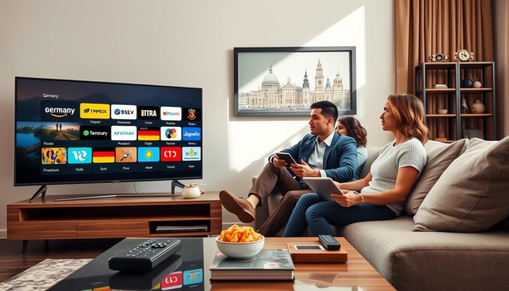 A modern living room scene showcasing a sleek television displaying various German IPTV channels. In the foreground, a stylish coffee table with remote controls, snacks, and a tablet. In the middle ground, a family of diverse individuals—one man and one woman in smart casual attire, sitting comfortably on a contemporary couch, intently watching the screen. They exhibit expressions of enjoyment and engagement. The background features a well-decorated wall with German cultural items, like a framed landscape of Germany. Soft natural lighting streams through a window, creating a warm and inviting atmosphere. The image conveys a sense of connection to Germany while being in the USA, underlining the accessibility of German television channels. A modern living room scene showcasing a sleek television displaying various German IPTV channels. In the foreground, a stylish coffee table with remote controls, snacks, and a tablet. In the middle ground, a family of diverse individuals—one man and one woman in smart casual attire, sitting comfortably on a contemporary couch, intently watching the screen. They exhibit expressions of enjoyment and engagement. The background features a well-decorated wall with German cultural items, like a framed landscape of Germany. Soft natural lighting streams through a window, creating a warm and inviting atmosphere. The image conveys a sense of connection to Germany while being in the USA, underlining the accessibility of German television channels.