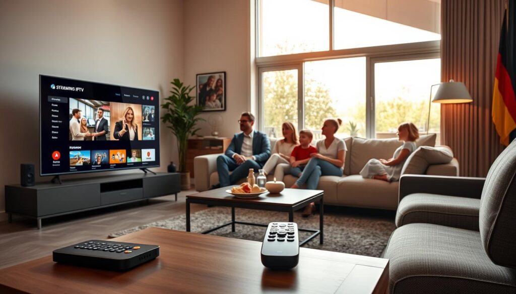 A modern living room setting showcasing a sleek television displaying streaming IPTV services. In the foreground, a stylish coffee table adorned with a remote control and snacks. In the middle ground, a family of four—two adults in professional attire and two children—sitting comfortably on a contemporary sofa, engaged in watching their favorite German shows. The background features a large window letting in warm, natural light that creates a cozy atmosphere, with subtle hints of German culture such as a flag or decor piece visible. The overall mood is inviting and familial, capturing the essence of enjoying German IPTV in a home setting. The image should have bright yet soft lighting, shot with a wide-angle lens to emphasize the room's spaciousness. A modern living room setting showcasing a sleek television displaying streaming IPTV services. In the foreground, a stylish coffee table adorned with a remote control and snacks. In the middle ground, a family of four—two adults in professional attire and two children—sitting comfortably on a contemporary sofa, engaged in watching their favorite German shows. The background features a large window letting in warm, natural light that creates a cozy atmosphere, with subtle hints of German culture such as a flag or decor piece visible. The overall mood is inviting and familial, capturing the essence of enjoying German IPTV in a home setting. The image should have bright yet soft lighting, shot with a wide-angle lens to emphasize the room's spaciousness.