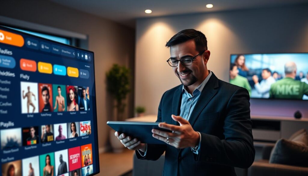 A modern, sleek digital interface showcasing IPTV Pro Smarters playlist management features. In the foreground, a user-friendly dashboard with vibrant colors displays categorized playlists, thumbnail previews of shows, and intuitive navigation buttons. In the middle, a close-up of a professional user in smart business attire engaging with the interface on a tablet, their expression focused and satisfied. The background features a contemporary living room with a large flat-screen TV displaying streaming content, illuminated by soft ambient lighting that creates a cozy atmosphere. Utilize a medium angle shot to emphasize the interaction with the technology, ensuring clarity and visual appeal, while radiating a sense of innovation and modern entertainment solutions.