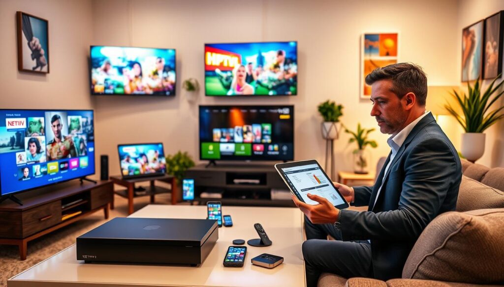 A modern, sleek living room setting showcasing various digital devices, such as smart TVs, tablets, and smartphones, all streaming vibrant IPTV content. In the foreground, a professional, casually dressed person in business attire is analyzing IPTV service options on a laptop, displaying a focused expression. The middle ground features a stylish coffee table with streaming devices and remote controls arranged neatly. The background has a cozy ambiance, with soft, warm lighting illuminating the space, highlighting colorful artwork on the walls and plant decorations that convey a sense of comfort and modernity. The overall mood is welcoming and informative, emphasizing the decision-making process for selecting an IPTV provider.