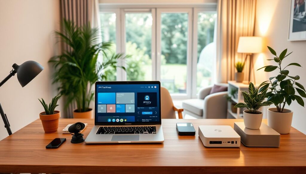 A peaceful, modern home office space symbolizes digital privacy. In the foreground, a sleek wooden desk holds a laptop displaying a simulated IPTV interface, surrounded by privacy tools like a webcam cover, smartphone, and a VPN box. The middle ground features a comfortable chair and house plants, enhancing the homely feel. In the background, a window reveals a serene garden, subtly illuminated by soft, natural lighting creating an inviting ambiance. The overall atmosphere conveys a sense of security and tranquility, portraying the essence of privacy and safety in the digital age. The shot is taken from a slightly elevated angle, adding depth to the scene while keeping the focus on the desk's privacy elements. A peaceful, modern home office space symbolizes digital privacy. In the foreground, a sleek wooden desk holds a laptop displaying a simulated IPTV interface, surrounded by privacy tools like a webcam cover, smartphone, and a VPN box. The middle ground features a comfortable chair and house plants, enhancing the homely feel. In the background, a window reveals a serene garden, subtly illuminated by soft, natural lighting creating an inviting ambiance. The overall atmosphere conveys a sense of security and tranquility, portraying the essence of privacy and safety in the digital age. The shot is taken from a slightly elevated angle, adding depth to the scene while keeping the focus on the desk's privacy elements.