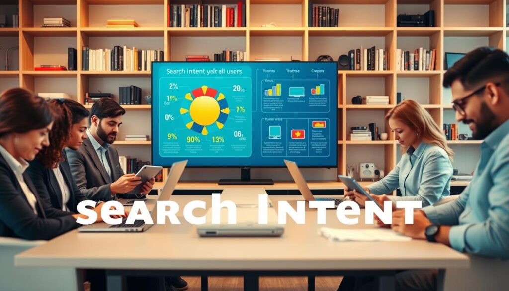 A professional and engaging digital workspace illustrating the concept of search intent and users. In the foreground, a diverse group of individuals in smart casual attire, focused on their laptops and tablets, analyzing data and content related to IPTV builds. In the middle ground, a large interactive screen displays vivid diagrams about user demographics and search behaviors, with icons representing various devices like TVs, smartphones, and computers. The background features shelves filled with tech books and gadgets, conveying a tech-savvy environment. Soft, warm lighting creates an inviting atmosphere, while a slight depth of field softens the background, directing focus to the engaged users. The scene encapsulates the essence of understanding user needs in the digital realm. A professional and engaging digital workspace illustrating the concept of search intent and users. In the foreground, a diverse group of individuals in smart casual attire, focused on their laptops and tablets, analyzing data and content related to IPTV builds. In the middle ground, a large interactive screen displays vivid diagrams about user demographics and search behaviors, with icons representing various devices like TVs, smartphones, and computers. The background features shelves filled with tech books and gadgets, conveying a tech-savvy environment. Soft, warm lighting creates an inviting atmosphere, while a slight depth of field softens the background, directing focus to the engaged users. The scene encapsulates the essence of understanding user needs in the digital realm.
