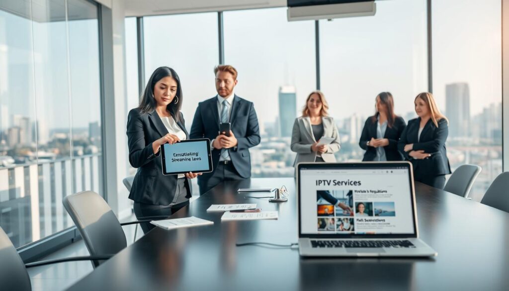 A professional office setting with a diverse group of business professionals engaging in a discussion about IPTV and streaming laws in Germany. In the foreground, a woman in business attire points to a digital tablet displaying streaming regulations, while a man in a suit observes intently. The middle ground features a sleek conference table with legal documents and a laptop opened to a website about IPTV services. In the background, a large window reveals a modern city skyline, symbolizing a connected digital world. Soft, natural lighting streams in, creating a bright and inviting atmosphere. The overall mood conveys confidence and professionalism, highlighting the importance of legal compliance in streaming services.