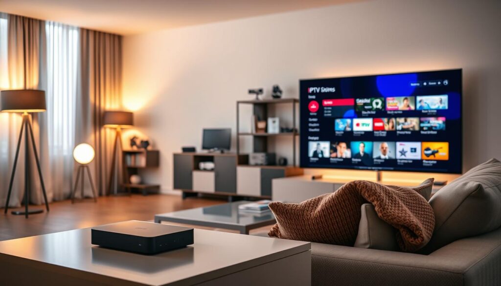 A serene and inviting living room scene showcasing advanced technology and seamless compatibility. In the foreground, a modern smart TV displays a vibrant interface with various IPTV options. A well-organized entertainment center features devices like a streaming box and remote controls, symbolizing connectivity. The middle ground reveals a comfortable sofa with a cozy throw and sleek coffee table, enhancing the welcoming atmosphere. Ambient lighting from stylish floor lamps casts a warm glow, creating a relaxed environment. In the background, a subtle bookshelf filled with entertainment guides and devices symbolizes knowledge and expertise. The overall mood is one of harmony and balance, illustrating the concept of compatibility in modern entertainment systems. A serene and inviting living room scene showcasing advanced technology and seamless compatibility. In the foreground, a modern smart TV displays a vibrant interface with various IPTV options. A well-organized entertainment center features devices like a streaming box and remote controls, symbolizing connectivity. The middle ground reveals a comfortable sofa with a cozy throw and sleek coffee table, enhancing the welcoming atmosphere. Ambient lighting from stylish floor lamps casts a warm glow, creating a relaxed environment. In the background, a subtle bookshelf filled with entertainment guides and devices symbolizes knowledge and expertise. The overall mood is one of harmony and balance, illustrating the concept of compatibility in modern entertainment systems.
