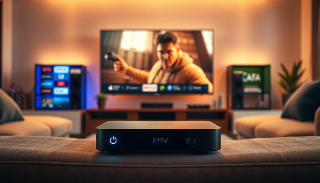 A sleek and modern IPTV player sits prominently in the foreground, featuring a minimalist design with smooth, curved lines and an illuminated power button. Surrounding it are vibrant icons representing various streaming services, subtly glowing to signify their digital nature. In the middle ground, a stylish television displays a high-resolution image of a popular movie, casting a warm, inviting glow throughout the scene. The background includes a contemporary entertainment room, complete with soft ambient lighting, plush seating, and stylish decorations to create a cozy atmosphere. The overall mood is one of comfort and cutting-edge technology, illuminated by soft, warm lighting that enhances the inviting feel of a high-end streaming solution. The composition captures a sense of innovation in home entertainment.