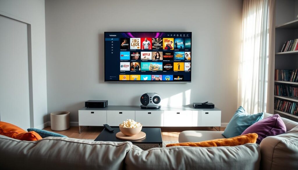 A sleek modern living room setting with a large flat-screen TV mounted on the wall, displaying a vibrant selection of streaming content thumbnails. In the foreground, a comfortable sofa adorned with colorful cushions invites viewers to sit. To the left, a coffee table holds a remote control and a bowl of popcorn. The middle of the room features a stylish entertainment unit with various streaming device logos subtly included. Soft, warm lighting creates an inviting atmosphere, while sunlight filters through sheer curtains, highlighting the space's contemporary décor. In the background, a shelf displays various movies and shows in DVD cases. The overall mood is relaxed and enjoyable, reflecting an enticing viewing experience for audiences interested in VOD services.
