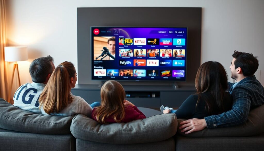 A sleek, modern living room showcasing a family gathered around a large, high-definition TV, watching IPTV content. The foreground features a cozy couch with people dressed in smart casual attire, engaged and smiling. In the middle, the TV screen displays a vibrant IPTV interface filled with various channels and streaming options, exuding a sense of excitement and accessibility. The background shows a softly lit room with warm lighting, adding a welcoming atmosphere, while contemporary decor accentuates the latest technology. The scene should convey a mood of enjoyment, convenience, and quality entertainment experience, emphasizing the immediacy of IPTV services, with a focus on family engagement and high-tech lifestyle.