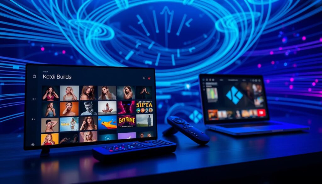 A visually engaging representation of a digital landscape focused on Kodi builds for adult content management. In the foreground, feature a sleek, modern user interface design of a Kodi build showcasing various icons, with an emphasis on adult-themed content in vibrant colors. The middle layer should include elements like a remote control and a laptop displaying the Kodi application, symbolizing user interaction. In the background, create an abstract representation of IPTV signals, with swirling lines and light patterns depicting digital connectivity. The lighting should be ambient, with a cool blue and purple hue to evoke a tech-savvy atmosphere. Capture the image from a slight angle to give depth, ensuring a professional and informative mood throughout. A visually engaging representation of a digital landscape focused on Kodi builds for adult content management. In the foreground, feature a sleek, modern user interface design of a Kodi build showcasing various icons, with an emphasis on adult-themed content in vibrant colors. The middle layer should include elements like a remote control and a laptop displaying the Kodi application, symbolizing user interaction. In the background, create an abstract representation of IPTV signals, with swirling lines and light patterns depicting digital connectivity. The lighting should be ambient, with a cool blue and purple hue to evoke a tech-savvy atmosphere. Capture the image from a slight angle to give depth, ensuring a professional and informative mood throughout.