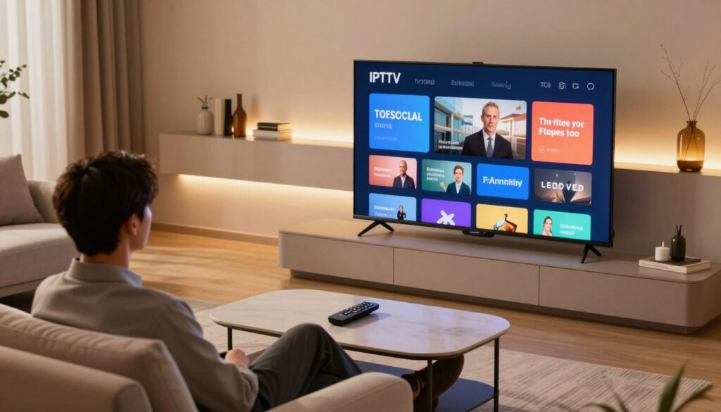 A contemporary living room scene showcasing Smart IPTV technology. In the foreground, a sleek flat-screen TV displays a vibrant interface with streaming options, surrounded by modern furniture like a stylish couch and a minimalist coffee table. On the middle layer, a smart remote rests on the table, while a person dressed in professional casual attire relaxes on the couch, looking engaged with the TV. The background features soft ambient lighting, creating a cozy atmosphere, with subtle shelves displaying modern decor. The lighting is warm and inviting, enhancing the technological feel. The angle captures the space from a slightly elevated view to highlight the IPTV experience, conveying a sense of comfort and innovation in home entertainment. A contemporary living room scene showcasing Smart IPTV technology. In the foreground, a sleek flat-screen TV displays a vibrant interface with streaming options, surrounded by modern furniture like a stylish couch and a minimalist coffee table. On the middle layer, a smart remote rests on the table, while a person dressed in professional casual attire relaxes on the couch, looking engaged with the TV. The background features soft ambient lighting, creating a cozy atmosphere, with subtle shelves displaying modern decor. The lighting is warm and inviting, enhancing the technological feel. The angle captures the space from a slightly elevated view to highlight the IPTV experience, conveying a sense of comfort and innovation in home entertainment.